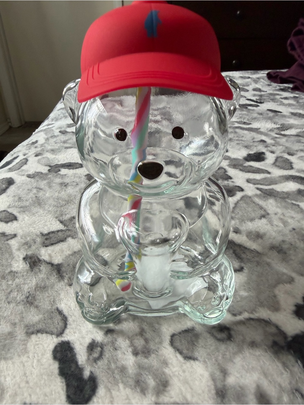 Anthropologie Clear Bear Glass Cup with Red Lid and Rainbow Straw
